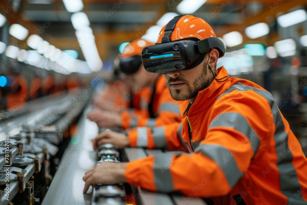 A worker in an orange safety vest explores a virtual simulation, wearing a VR headset in an industrial environment. A worker in an orange safety vest explores a virtual simulation, wearing a VR headset in an industrial environment.