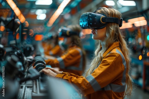 A woman in a safety vest uses a virtual reality headset  engrossed in a high-tech simulation in an industrial setting.