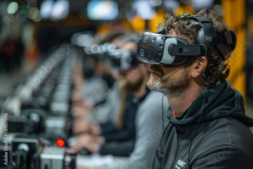 A man with curly hair experiences virtual reality, wearing a VR headset and headphones, immersed in a simulated environment.