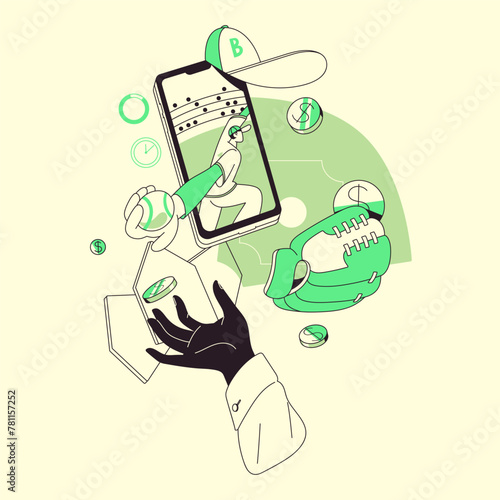 People bet on sports online concept. Gambling person wagering on baseball match in internet. Hands with coins play games of chance. Mobile app of bookmaker service. Flat isolated vector illustration