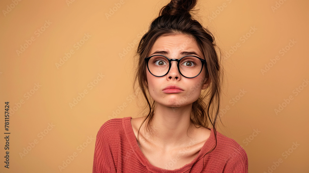 Woman wearing glasses looking stressed and nervous. Anxiety problem. isolated on beige background