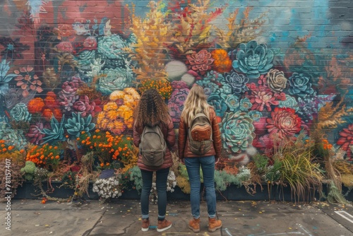 Friends admire a vibrant mural of succulents and flowers, a fusion of urban art and natural beauty in an outdoor setting.