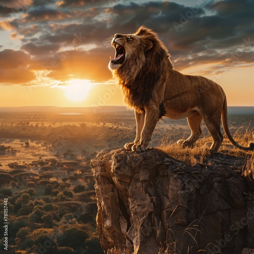 Majestic lion's roar echoes across the savannah, a powerful call from atop a cliff, asserting dominance and presence in the wild photo