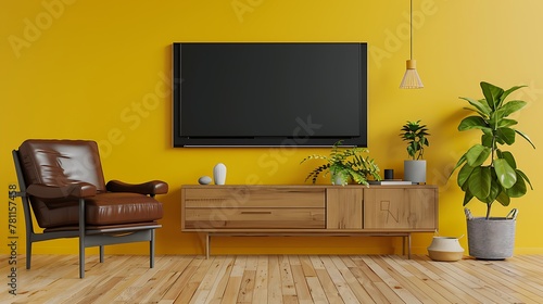 Cabinet TV in modern living room with leather armchair and plant on yellow wall background