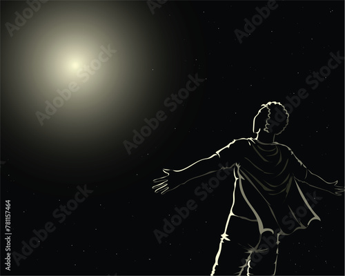 vector design illustration of a black and white silhouette of a man standing with his arms outstretched towards sunlight or bright light with stars on either side