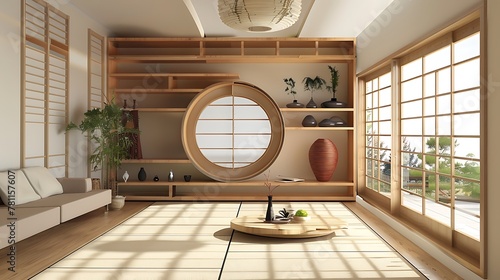 Circle shelf wall design on empty Living room japanese deisgn with tatami mat floor