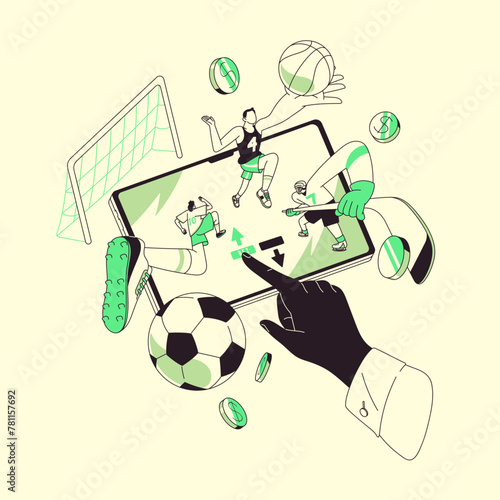 People bet on sports online, play games of chance. Hands push button in gambling app. Person wagering on football, hockey, soccer, volleyball match. Bookmaker concept flat isolated vector illustration