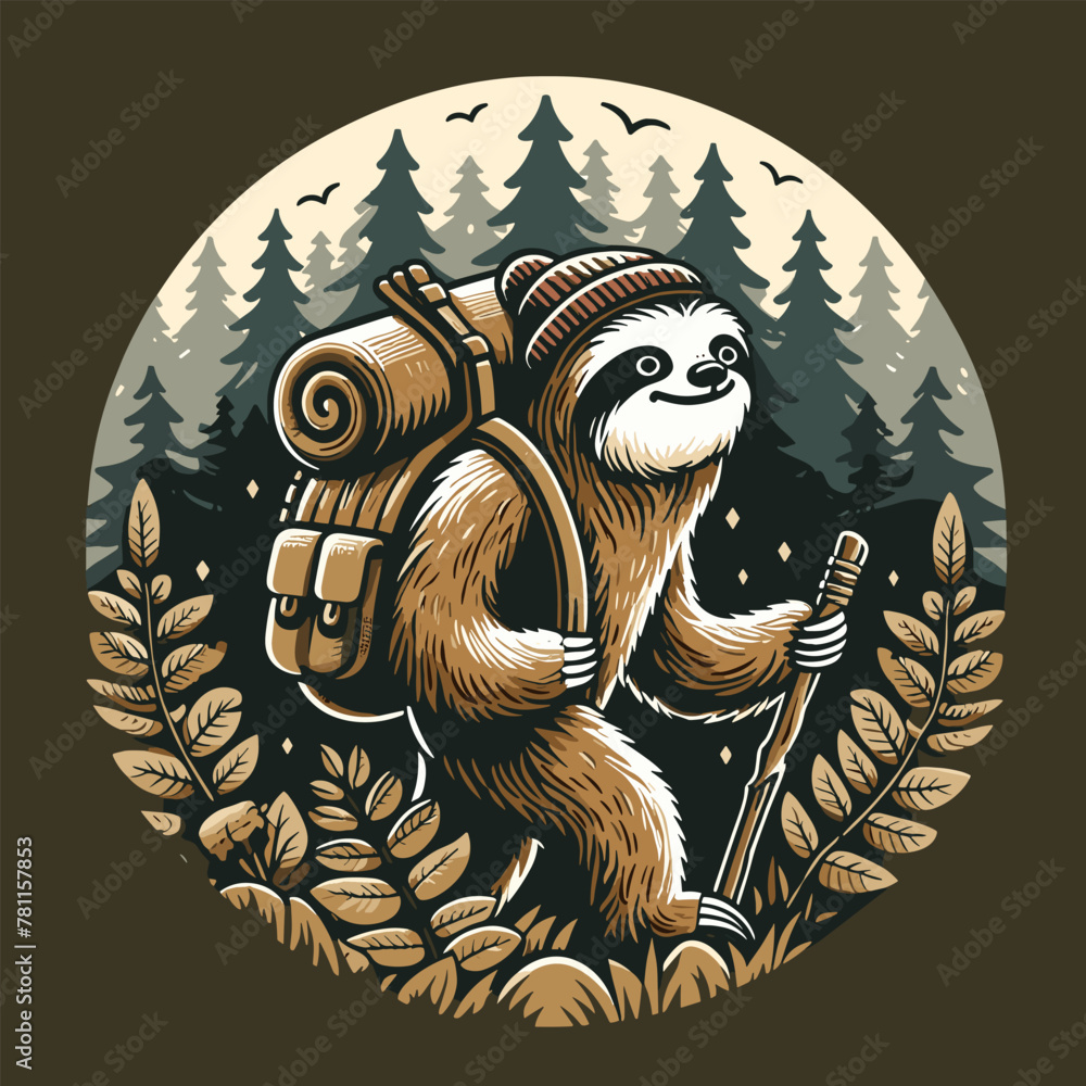Fototapeta premium Sloth Hiking Camping badge, Adventure and hiking outdoor activity, vintage wild mountain forest river logo design vector illustration