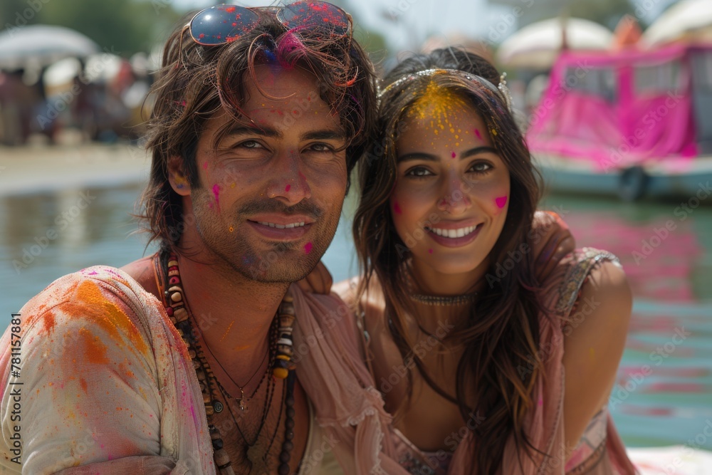 Two friends with colorful powder on their faces during Holi celebrations, smiling on a boat. Two friends with colorful powder on their faces during Holi celebrations, smiling on a boat.