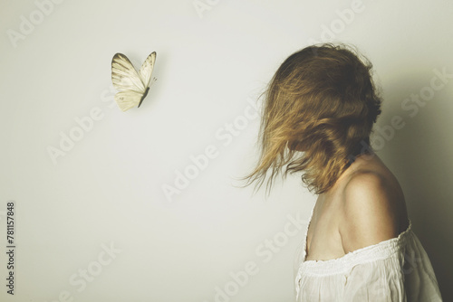 surreal meeting of a butterfly with a woman, abstract concept