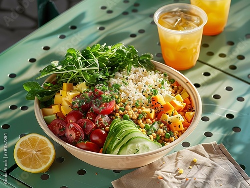 Fresh Vegan Buddha Bowl with Orange Juice