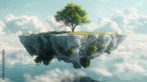 Floating island with a single tree above cloud reflections in water, environmental concept