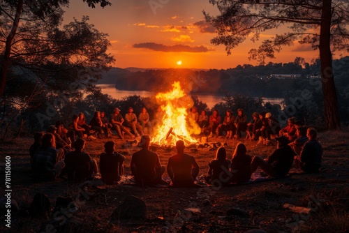 A large group encircles a roaring bonfire by a river at dusk, basking in the fire's glow and enjoying the evening.