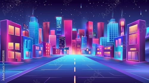 A city street with glowing windows at night  perspective view. Typical cityscape with streets  houses  shops and skyscrapers with neon signboards  modern cartoon illustration.