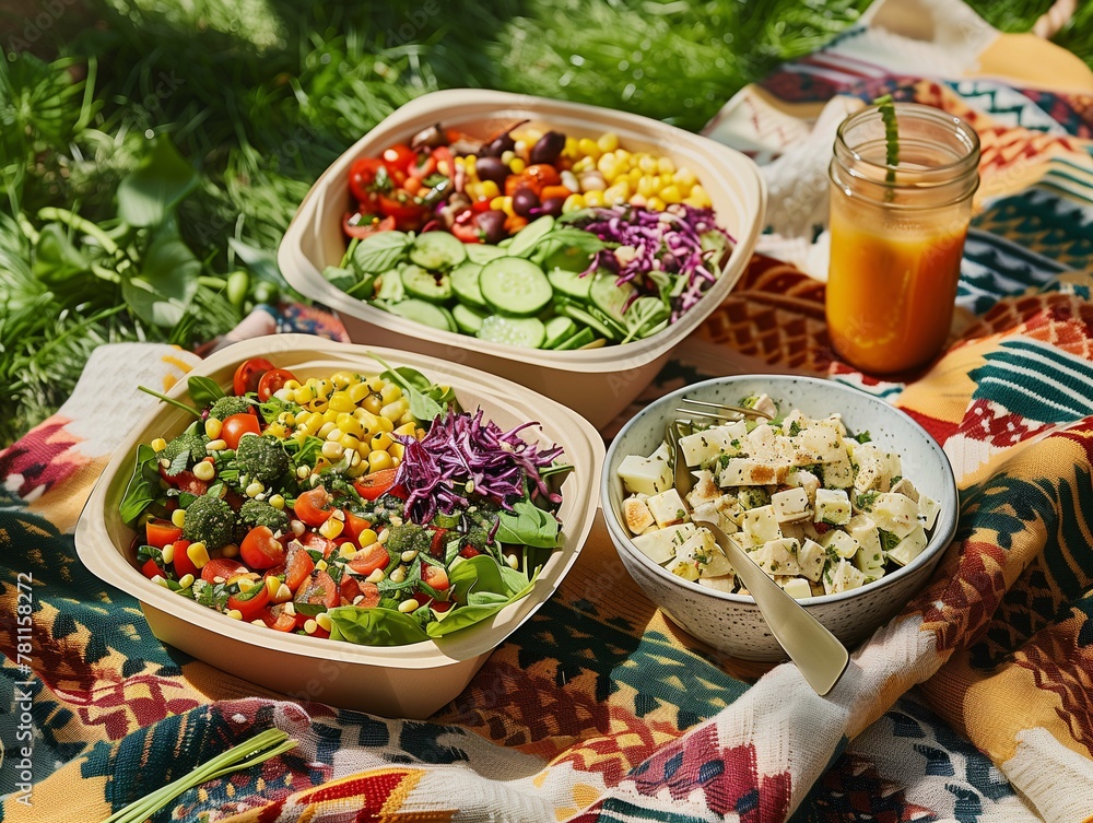 Healthy Outdoor Picnic with Fresh Salads and Juice