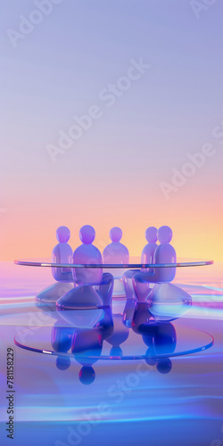 personnages en verre assis autour d'une table pour une réunion d'affaire, espace pour texte photo
