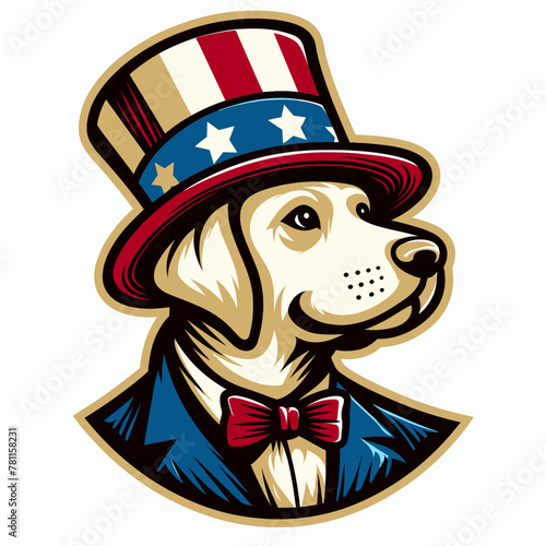 Labrador Retriever Wear USA Top Hat, 4th of July patriotic American flag, Cartoon Clipart Vector illustration, Independence day themed Mascot Logo Character Design, presidential election
