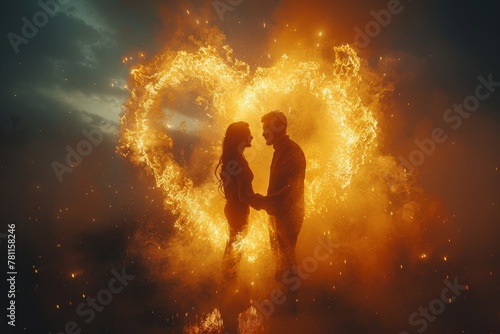 A couple is enveloped by a dramatic heart-shaped firework display, illustrating a passionate and vivid moment of romance.