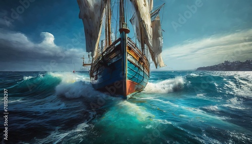 sea ocean ship water boat sail sky sailboat illustration wave nautical art nature blue travel photo