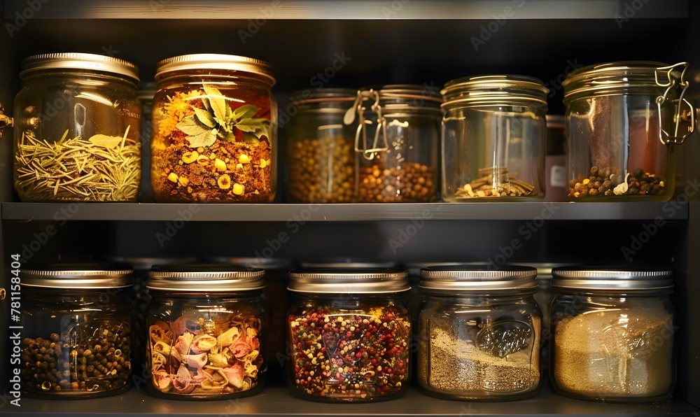 Spices are in the cupboard in various jars. Ideas for recycling Spices are in the cupboard in various jars. Ideas for recycling