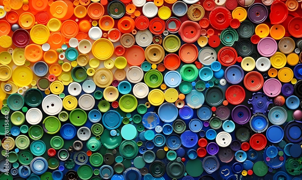A mosaic made of multicolored plastic caps A mosaic made of multicolored plastic caps
