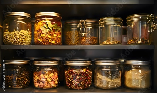 Spices are in the cupboard in various jars. Ideas for recycling