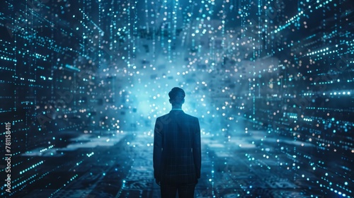 A solitary figure stands mesmerized by the mesmerizing display of lights and digital data surrounding him, suggesting an intricate dance of technology and human curiosity at the nexus of reality 