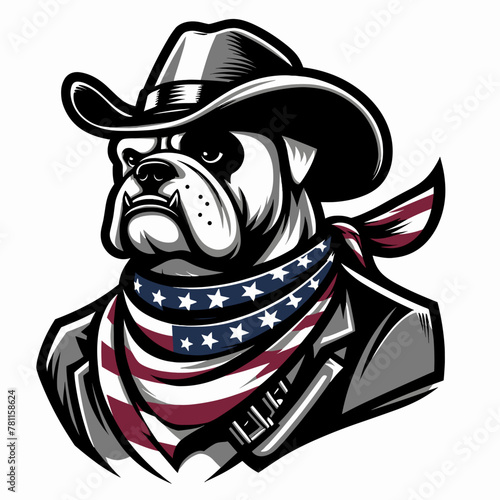 Bulldog Dog Wear USA Top Hat, 4th of July patriotic American flag, Cartoon Clipart Vector illustration, Independence day themed Mascot Logo Character Design, presidential election