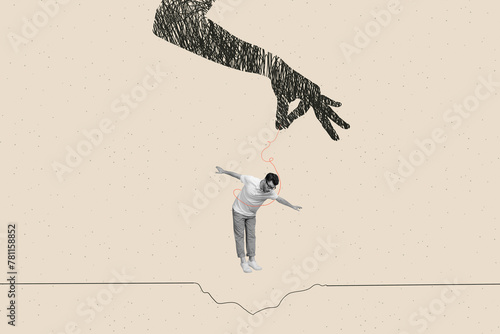 Composite photo collage of hand thread puppeteer hold manipulate young man hole throw dismiss demote isolated on painted background