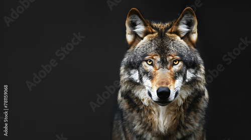 Portrait of a wolf on a dark background with copy space.