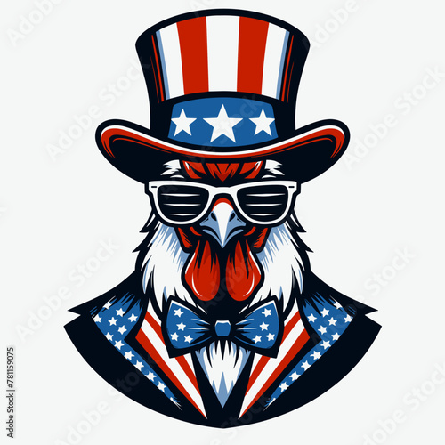 Chicken Wear USA Top Hat, 4th of July patriotic American flag, Cartoon Clipart Vector illustration, Independence day themed Mascot Logo Character Design, presidential election
