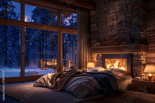 a bed with a fireplace in a room with a view of the snow
