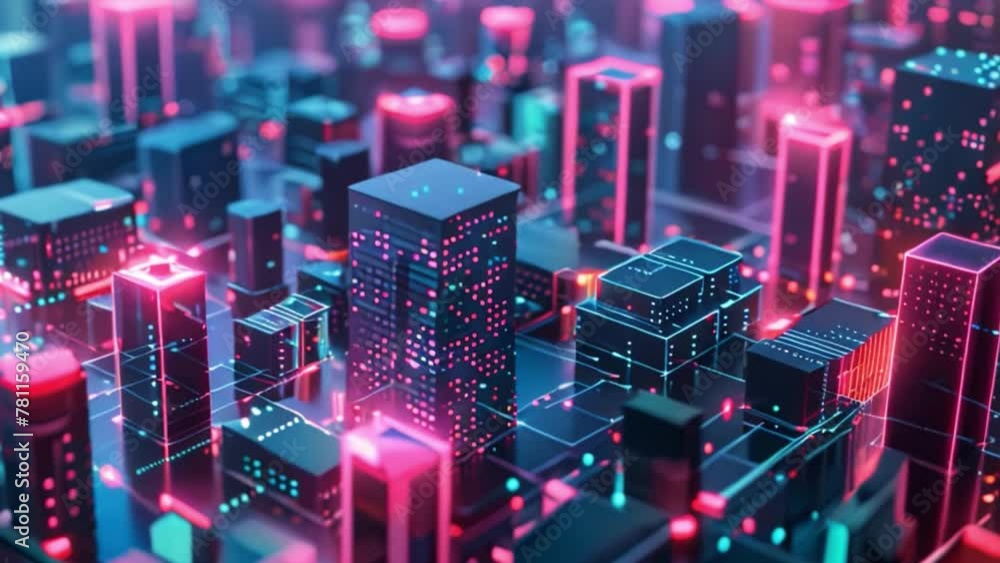 Illuminated Futuristic Cityscape With Red and Blue Lights Illuminated Futuristic Cityscape With Red and Blue Lights