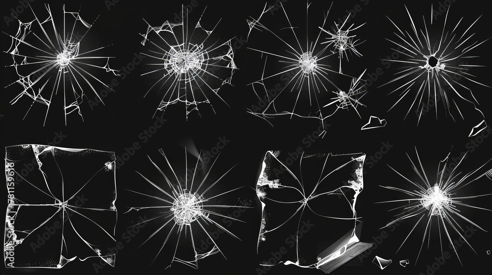Windshield Gunshot ภาพประกอบสต็อก Glass cracks isolated on transparent background. Modern ...