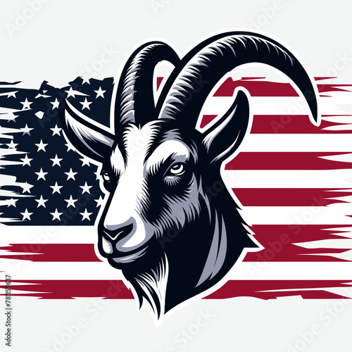 Goat Wear USA Top Hat, 4th of July patriotic American flag, Cartoon Clipart Vector illustration, Independence day themed Mascot Logo Character Design, presidential election
