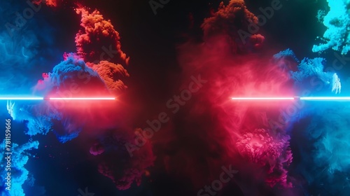 Background with blue vs red smoke effect. Abstract neon flame cloud with dust cold versus hot concept. Sports boxing competition fog transparent background. Police digital banner design.