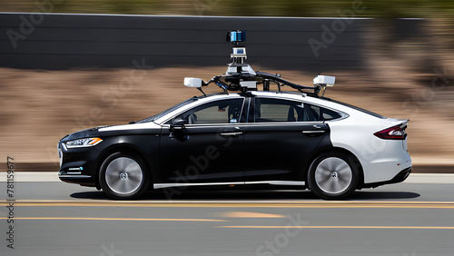 A self-driving car undergoing testing  with no driver inside but equipped with an array of sensors displaying various sensor data.