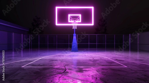 The light is violet blue and glows in a neon pattern. It is part of a basketball virtual playground, frontal view, a sports field scheme and a sportive activity. photo
