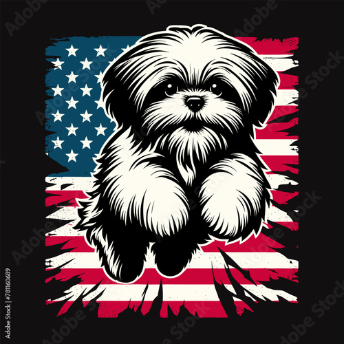 Shih Tzu Dog Wear USA Top Hat, 4th of July patriotic American flag, Cartoon Clipart Vector illustration, Independence day themed Mascot Logo Character Design, presidential election