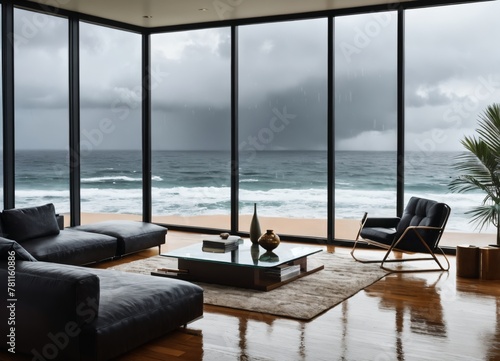  living room with massive glass windows overlooking the ocean  torrential rain in the background