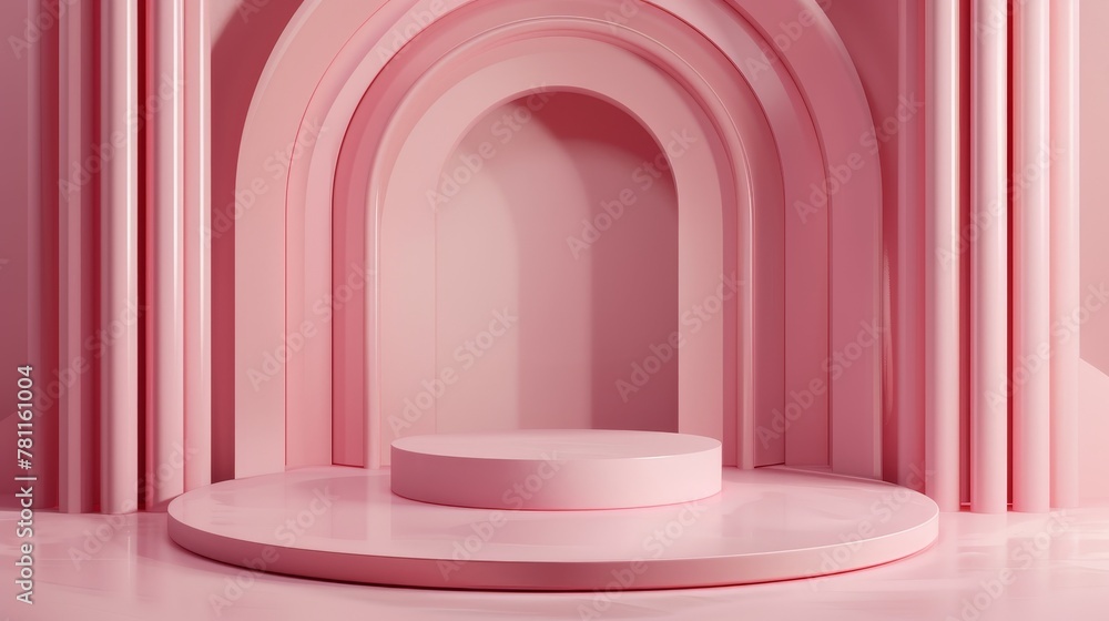 Render of a pink abstract geometric background in a 3D environment. A minimalist art deco-style scene with a platform to showcase premium products. Render of a pink abstract geometric background in a 3D environment. A minimalist art deco-style scene with a platform to showcase premium products.