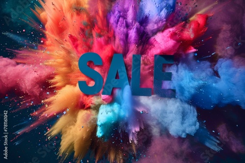 Vibrant colored dust explosion with a bold SALE text for advertising