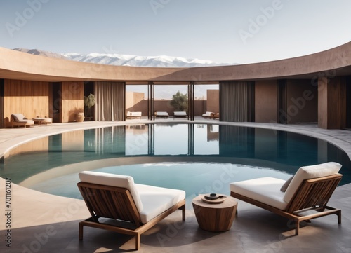 a large flat seamless round swimming pool within a round courtyard of a modern brutalist house snowy mountains in the background © Arhitercture