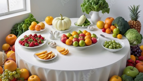 An elegant arrangement of assorted fruits, including apples, grapes, and berries, on a draped white table, radiating freshness. AI Generation
