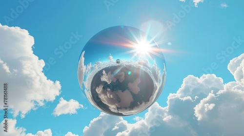 A 3D render of an abstract modern minimal background with white clouds, a chrome metallic mirror ball, and a blue sky with white clouds © Mark