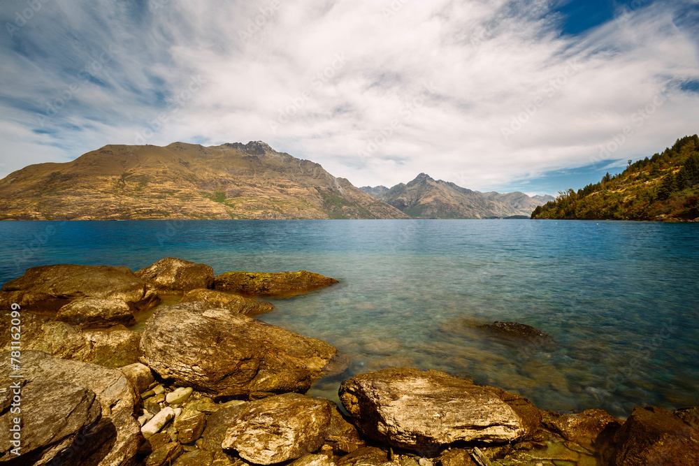 Scenic view of the Lake Wakatipu waterscape, New Zealand