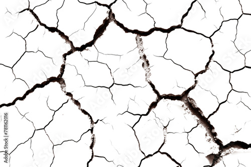 top view cracked soil ground Earth texture on white background, desert cracks,Dry surface Arid in drought land, floor has many grooves and scratches. The distressed has been shown to last a long time.