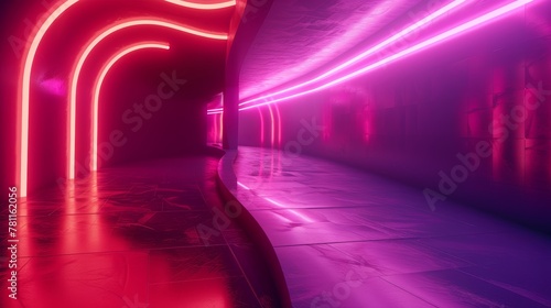 The abstract neon background shows fluorescent ines glowing in a dark room with reflections from the floor. A dynamic virtual ribbon completes the picture. Fantastic panoramic wallpaper capturing photo