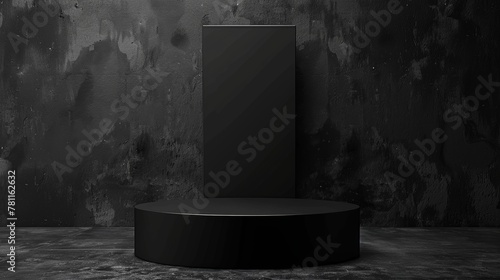 CG render with abstract minimalist black background. Empty cylinder podium, vacant pedestal, round stage, showcase stand, product display, blank board and expo platform. Copy space. A modern premium photo