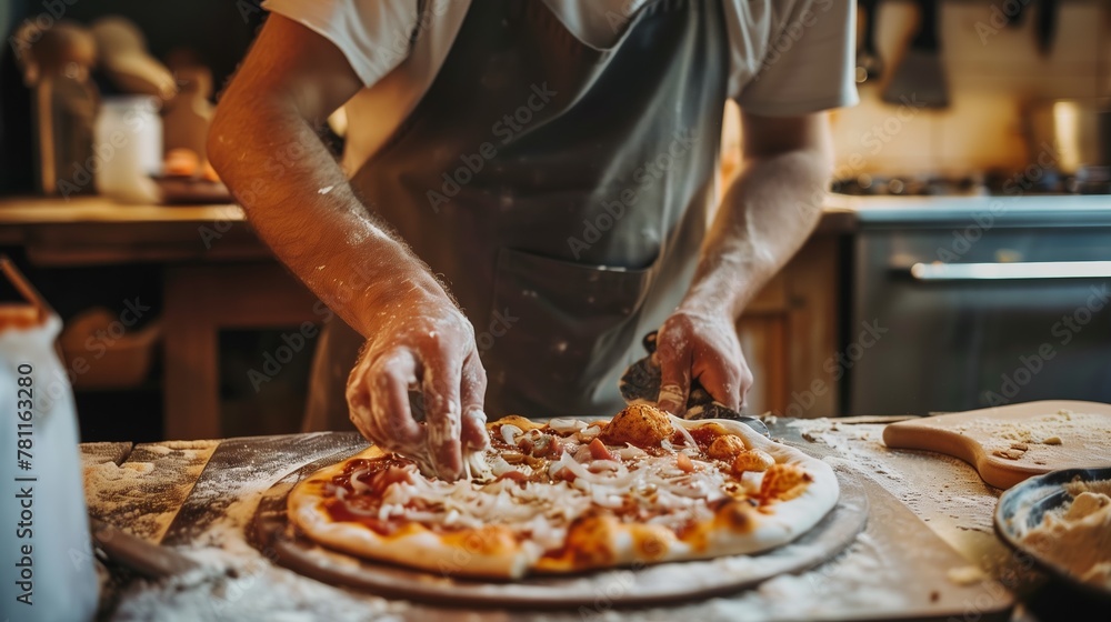 Close up Man hands making delicious pizza